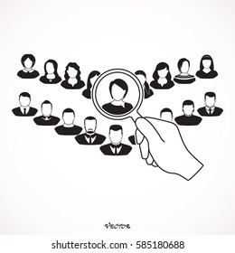 People selection icon. Concept vector graphic. Hiring the best job candidate. Woman search icon. Magnifying glass searching people. Icon Isolated on White Background.