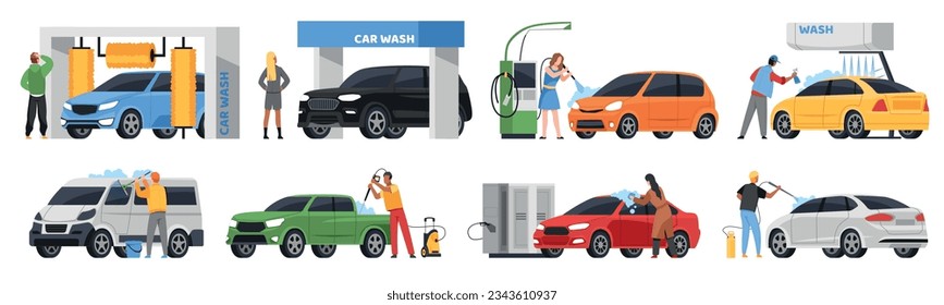 People in self car wash service. Cartoon persons clean, dry and vacuum brushing, pour foam on vehicles, drivers care about cleanliness, automatic automobile wash, tidy vector set