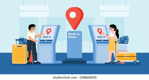 People Self Check In With Passport At Automatic Machine In Airport Terminal, Vector, Illustration