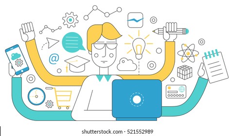 People self employment and different multitasking concept. Fast talented freelancer man near laptop. Project management business multitasking Flat line concept