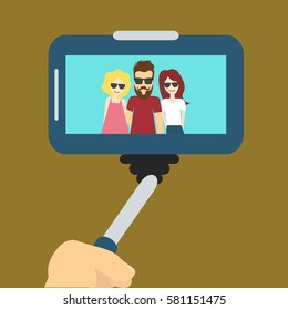 People Selfie Photo Hipster Friends Flat Vector Illustration