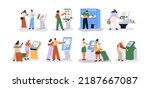 People at self-service ordering kiosks set. Buying ticket, paying for grocery, searching information at smart digital screens, displays. Flat graphic vector illustrations isolated on white background