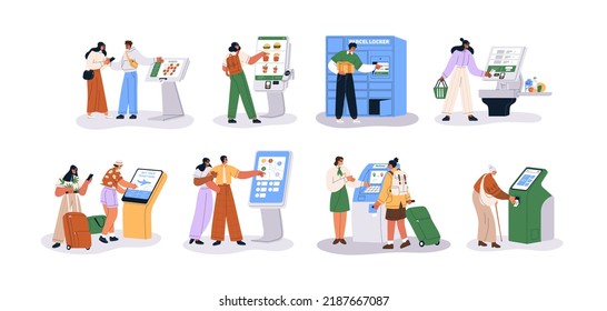 People at self-service ordering kiosks set. Buying ticket, paying for grocery, searching information at smart digital screens, displays. Flat graphic vector illustrations isolated on white background