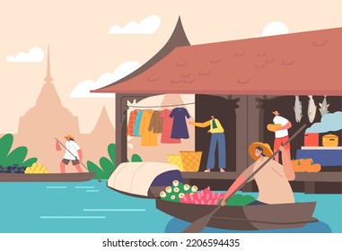 People Sell and Buy Goods on Floating Market in Thailand. Male and Female Characters Moving on Boats by River Offer Fruits, Flowers or Clothes to Customers. Cartoon Vector Illustration