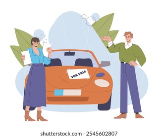 People sell car. Man and woman near red automobile. Dealer with clients. Salesman sell transport and vehicle. Rent and loan. Flat vector illustration isolated on white background