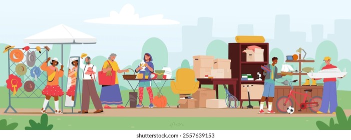 People sellers and customers characters enjoying garage sale at flea market, second hand weekend store cartoon scene. Antique things, old personal belongings and goods bazaar trade vector illustration