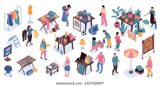 People selling and buying goods at garage sale isometric icons set isolated 3d vector illustration