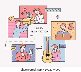 People selling or buying second-hand items online. People on the screen are exchanging goods. flat design style minimal vector illustration.