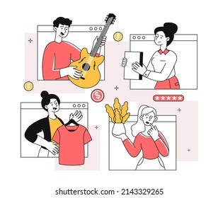 People selling or buying second-hand items online. Young men and women in screens pass or share various goods or objects to each other. Give second life. Cartoon modern flat vector illustration