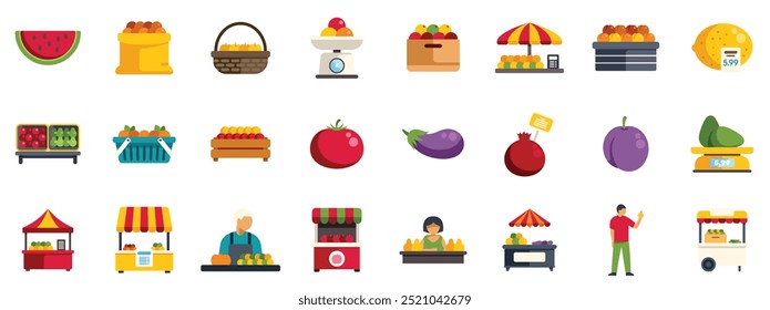 People selling fresh fruits and vegetables at market stalls icons set vector flat illustration isolated on white background
