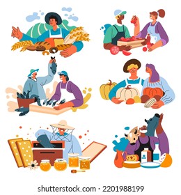 People selling products on market, and farmers showing home grown food. Man with loaves of bread and buns, harvested pumpkins and fresh fish. Dairy products and raw honey. Vector in flat style