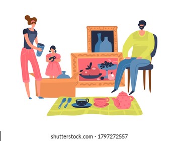 People selling second hand retro goods. Family sell or swap things tableware, paintings, vintage furniture. Cheap garage sale flea market retail business outdoors. Flat cartoon isolated vector concept