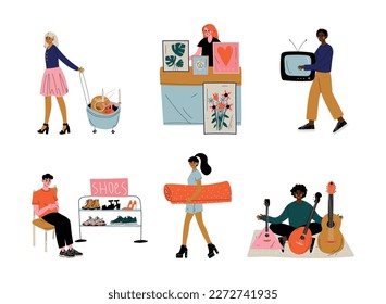 People selling secondhand stuffs at flea market set. Customers buying shoes, musical instruments, pictures at market fair cartoon vector illustration