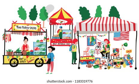 Gente vendiendo y comprando en el mercado de pulgas o en el mercado: tienda de segunda mano, puestos de ensalada de papaya tailandés y albóndigas, todos en doodle colorido caricatura diseño plano, ilustración, vector, fondo blanco