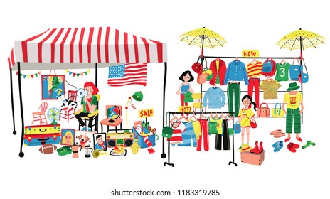 People selling and shopping at flea market or marketplace, clothes and accessories vendor and second hand shop; all in flat colorful doodle cartoon design, white background, illustration, vector