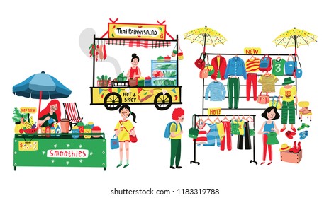 People selling and shopping at flea market or marketplace: clothes shop, thai papaya salad and smoothies stalls, all in colorful doodle cartoon flat design, illustration, vector on white background