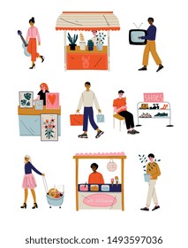 People Selling and Shopping at Marketplace or Flea Market Set, Second Hand Stuffs Vector Illustration