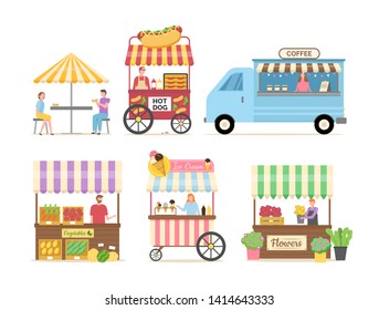 People selling street food and beverage vector, vegetables market with tent, coffee shop and hot dog meal with place for customers to sit and eat, food court