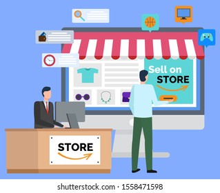 People selling stuff online vector, marketplace for wholesale flat style character. Man with computer, person at work, worker looking at website with clothes shirts and accessory. Business worldwide