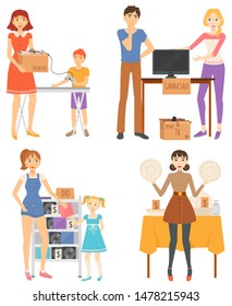 People selling used thing sat garage sale. Unnecessary things. TV , DVD discs, household and sport items, dishes lying on table. Flea market vector illustration. Event for sale used goods