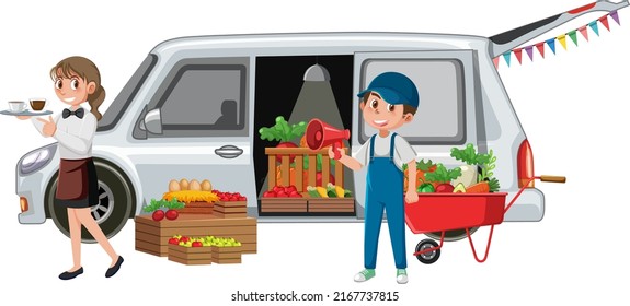 People selling vegetables and coffee illustration