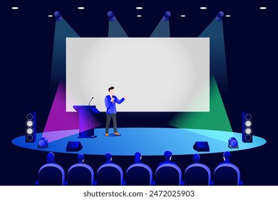 People at seminar in conference hall. Vector illustration. Professional speaker coach speaks to audience stands at presentation screen in dark auditorium. Business training, coaching education concept