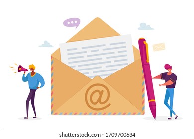 People Send E-Mail to Friends or Colleagues Concept. Tiny Male Characters Stand at Huge Envelope with Et Symbol and Letter with Text, Man with Megaphone Email Notification. Cartoon Vector Illustration