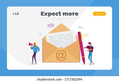 People Send E-Mail to Friends or Colleagues Landing Page Template. Tiny Male Characters Stand at Huge Envelope with Et Symbol and Letter with Text, Email Notification. Cartoon Vector Illustration