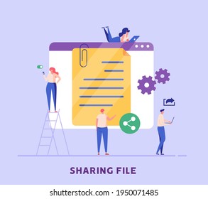 People Send Files For Business. Concept Of Sharing File, Data Transfer, Transfer Of Documentation, Cloud Service, File Management, Electronic Document Management. Vector Illustration In Flat Design 