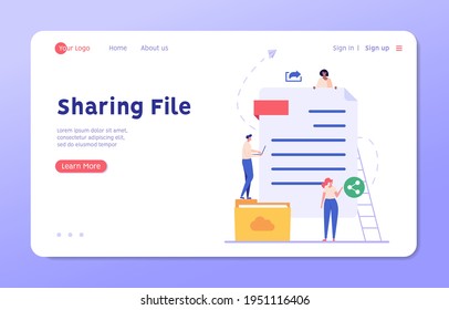 People Send Files For Business. Concept Of Sharing File, Data Transfer, Transfer Of Documentation, Cloud Service, File Management, Electronic Document Management. Vector Illustration In Flat Design 