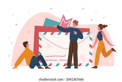 People send mail letter in retro vintage paper envelope, post delivery vector illustration. Cartoon happy man woman characters standing near big envelope with document, greeting card isolated on white