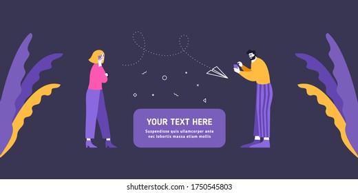 People Send messages Concept. Man and woman characters with smartphones are sending voice and letter messages.