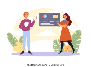People send money online. Man and woman with bank card. Cashless transfers and transactions. Electronic commerce and digital money. Flat vector illustration isolated on white background