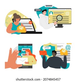 People send and receive email messages, vector illustration. Electronic mail. Online conversation, digital communication