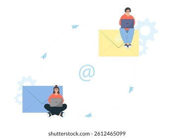 People sending e-mail, cooperation and teamwork concept, sending letter by internet, get letter, spam letter concept, flat vector illustration