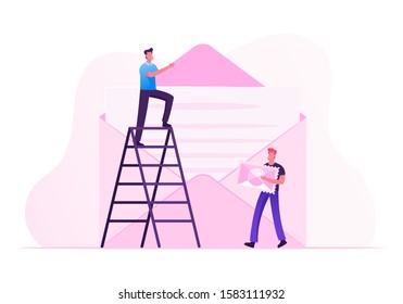 People Sending Mail to Friends. Tiny Man Stand on Ladder Put Paper Letter with Text into Huge Envelope, Character Going to Stick Postage Stamp on Writing Message. Cartoon Flat Vector Illustration