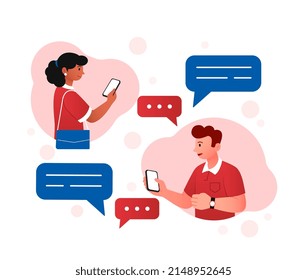 People sending message. Man and girl communicate in social networks, modern technology and digital world. Love couple, friends or colleagues chatting on internet. Cartoon flat vector illustration