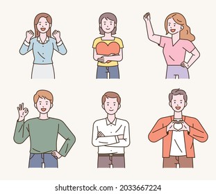 People are sending messages of support with various gestures. outline simple vector illustration.