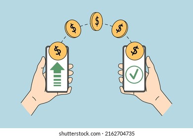 People sending money online via easy banking on cellphones. Finance transfer using smartphone application. Mobile wireless payment on cellular. Virtual wallet. Vector illustration. 