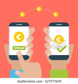 People sending money wireless with their mobile phones. Banking payment apps concept. Send written in spanish.