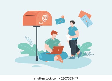 People sending or receiving e-mails flat vector illustration. Correspondence, mailbox, connection, notification, information, service concept for banner, website design or landing web page
