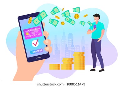 People sending and receiving money. Mobile shopping concept. happy man gets money and reward online. Online money payment transfer illustration vector.