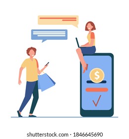 People sending and receiving money online. Man and woman using gadgets for transactions flat vector illustration. Payment system, mobile banking concept for banner, website design or landing web page