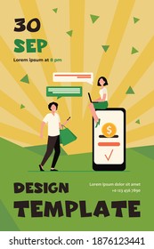 People sending and receiving money online. Man and woman using gadgets for transactions flat vector illustration. Payment system, mobile banking concept for banner, website design or landing web page