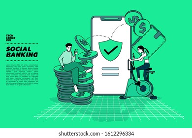 People sending and receiving money wireless with their smart phones. The illustrated concept of social banking and online money transfer.