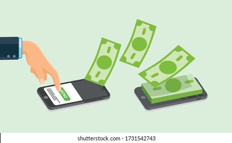 People sending and receiving money wireless with their mobile phones. Hand tapping smart phone with banking payment app. Modern flat style concept vector illustration isolated on white background.