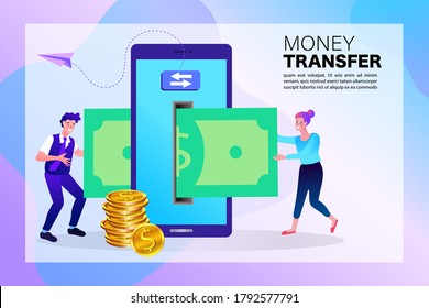 People sending and receiving money wireless with their mobile phones. Mobile payment concept. Vector flat cartoon illustration.