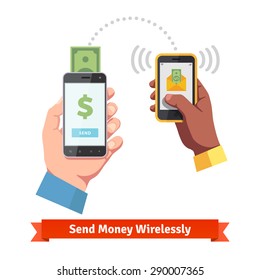 People sending and receiving money wireless with their mobile phones. Hands holding smart phones with banking payment apps. Flat style vector icons.