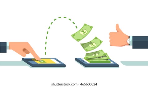 People sending   receiving money wireless and their mobile phones  Hand tapping  smart phone and banking payment app  Modern flat style concept vector illustration isolated white background 