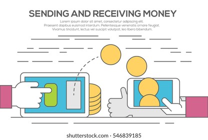 People sending and receiving money wireless with mobile devices. Modern flat style concept vector illustration thin line flat design